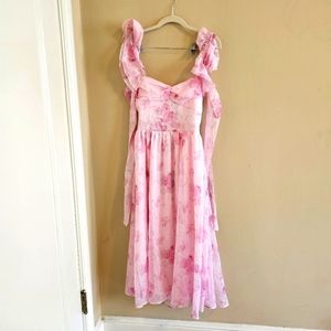 Lulus Pink Floral Off-The-Shoulder Pink Chiffon Dress